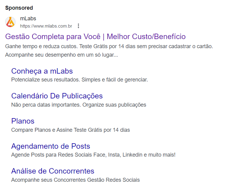 Link patrocinado no Google para a palavra-chave “mlabs”