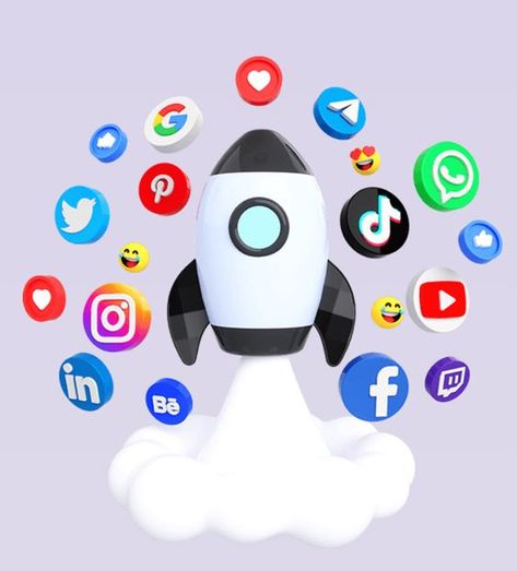 This  contain: a white and black rocket is surrounded by social media icons