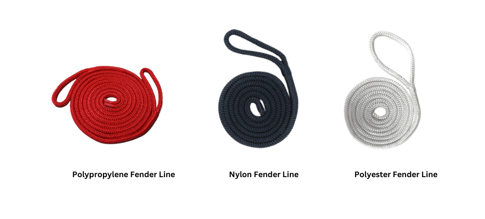  Three spools of fender lines, from left to right: polypropylene fender line (red), nylon fender line (black), and polyester fender line (white)