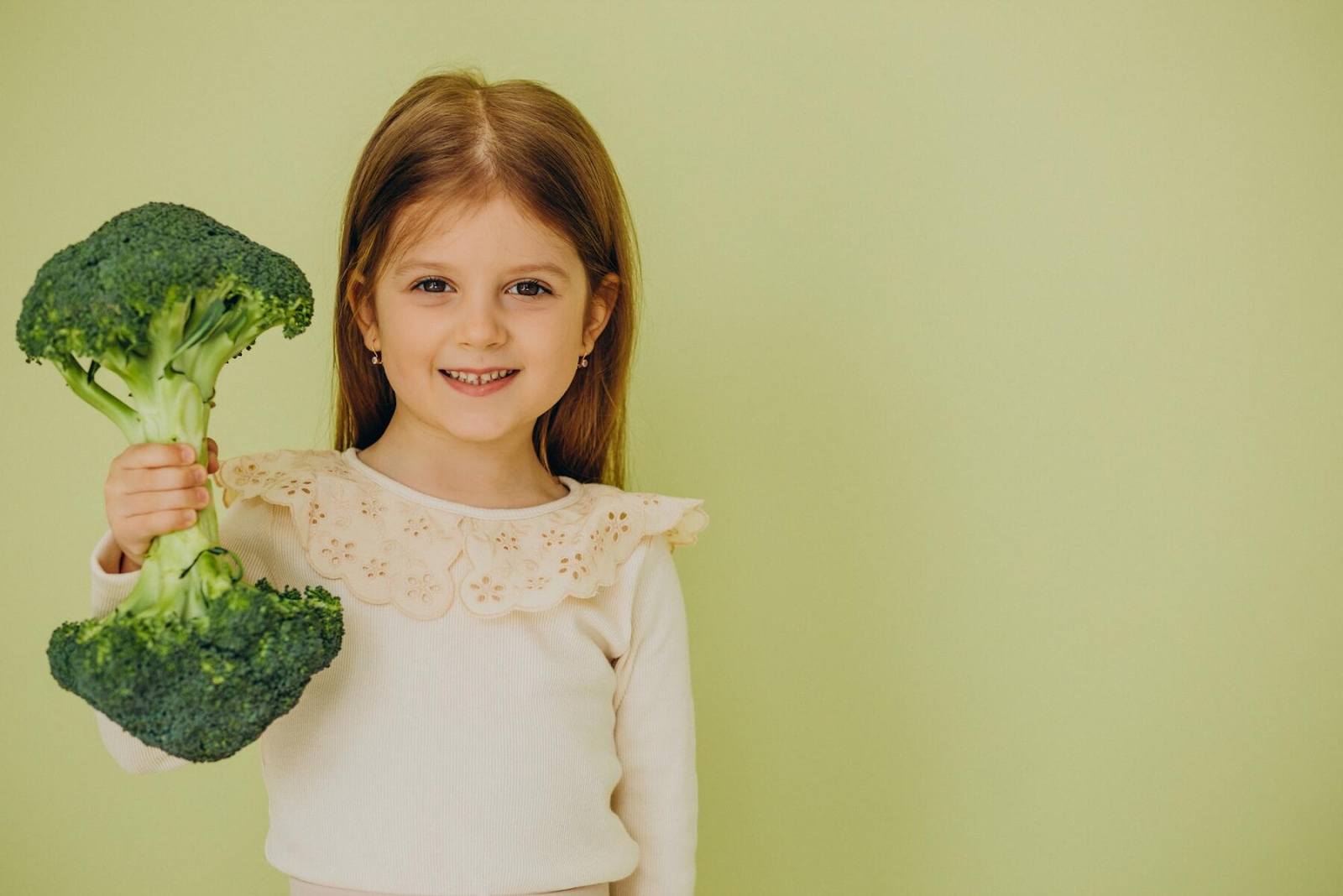 A little girl holding raw broccoli