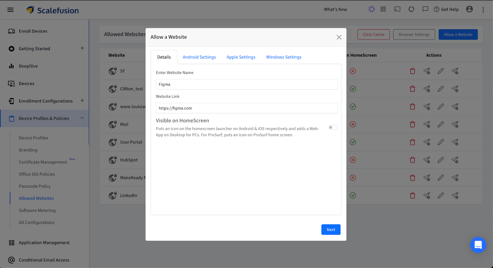 Select website to allow
