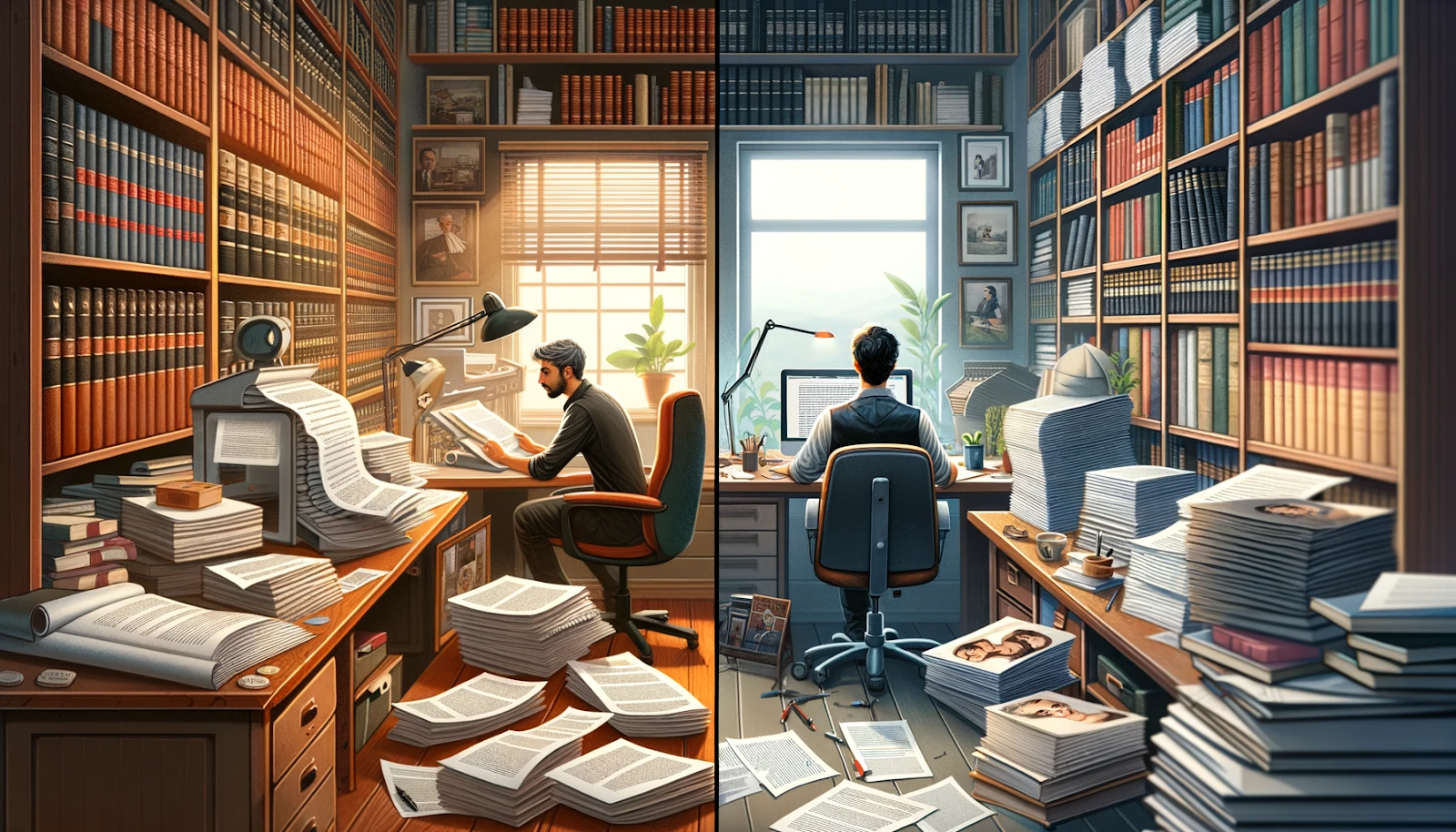 A split image shows two contrasting workspaces: on the left, a man sits at a cluttered desk with piles of papers, a typewriter, and a warm, vintage atmosphere; on the right, a man works on a laptop in a modern, minimalist setting, with stacks of papers and a bright, airy view.