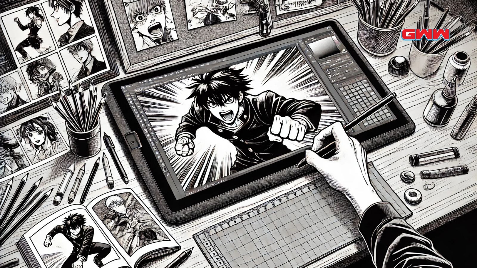 Manga artist designing an action-packed panel using a digital tablet.