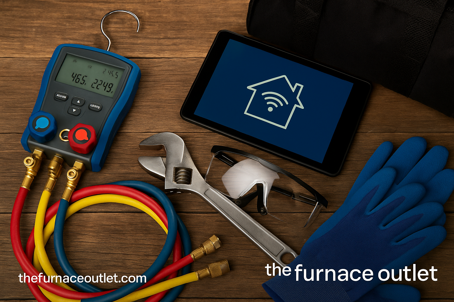 A digital photograph showcases HVAC (Heating, Ventilation, and Air Conditioning) technician tools, including a digital manifold gauge with color-coded hoses, a tablet displaying a smart home icon, a metal adjustable wrench, clear safety goggles, and blue protective gloves. The tools are neatly arranged on a wood surface with The Furnace Outlet branding in the lower corners.