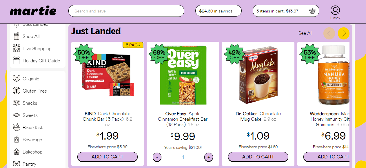 Martie's outlet homepage with saving offers examples