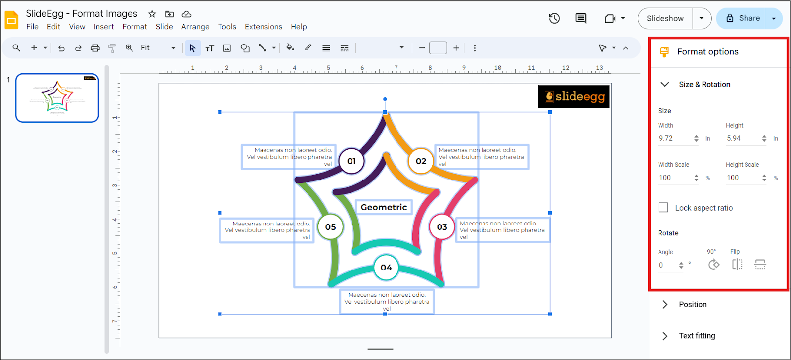 Formatting Size & Rotation Options in Google Slides.