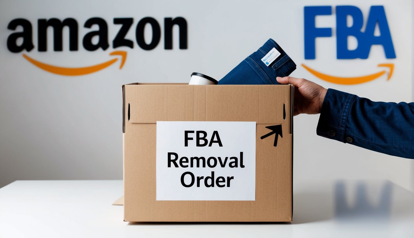 A person places items in a box labeled "FBA Removal Order" with an Amazon FBA logo in the background