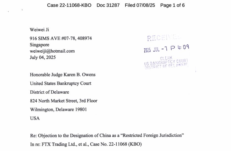 Chinese creditor filing objection