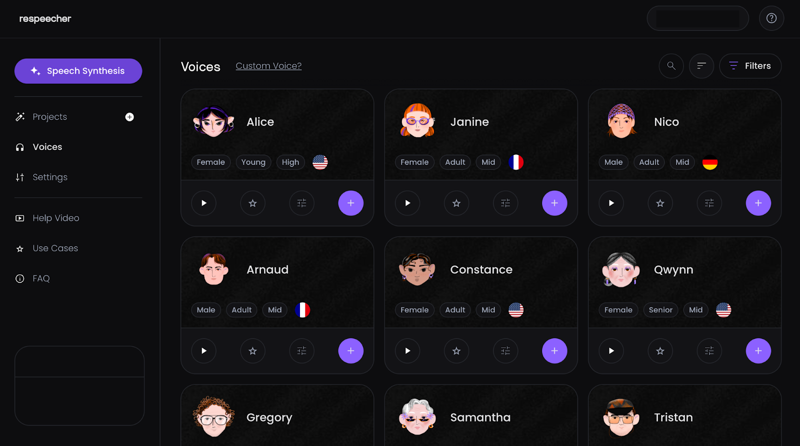 Respeecher dashboard showing a grid of AI voice profiles, featuring cartoon avatars for Alice, Janine, Nico, Arnaud, Constance, Qwynn and others. Each profile displays characteristics including gender, age, pitch, and nationality flags (US, French, German), with playback and action controls below each profile. Dark theme interface with purple accent buttons and left sidebar navigation.