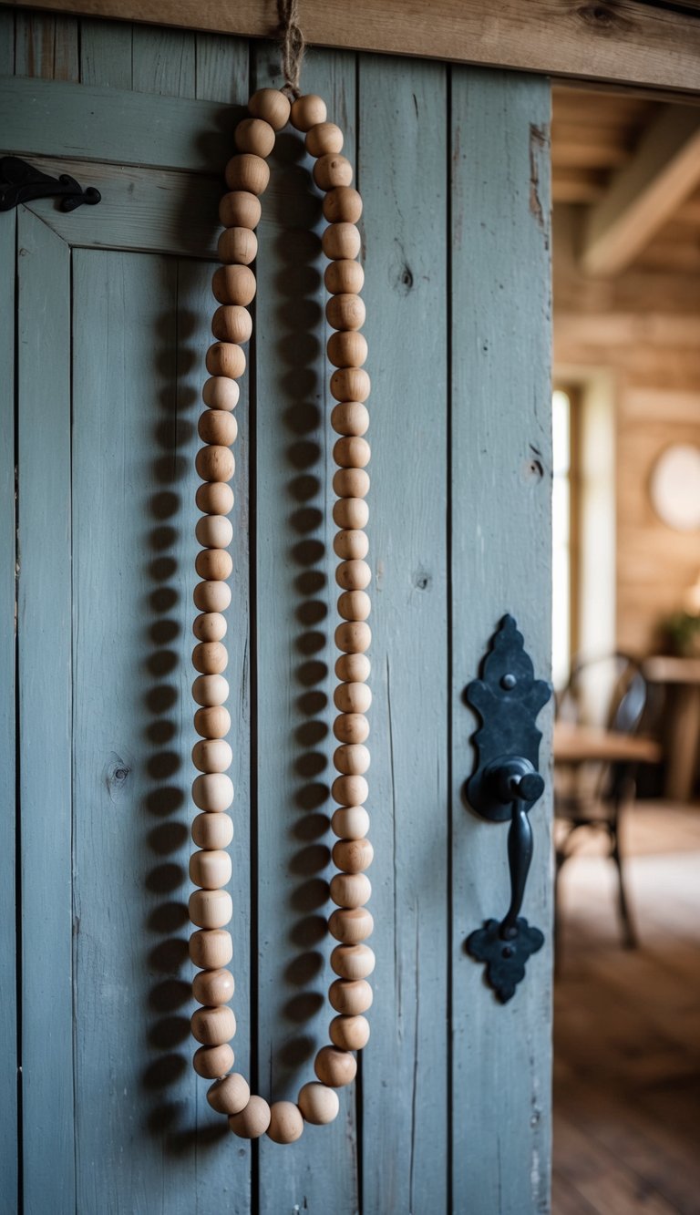 A rustic wooden bead garland hangs draped over a weathered barnhouse door, adding a touch of natural charm to the decor