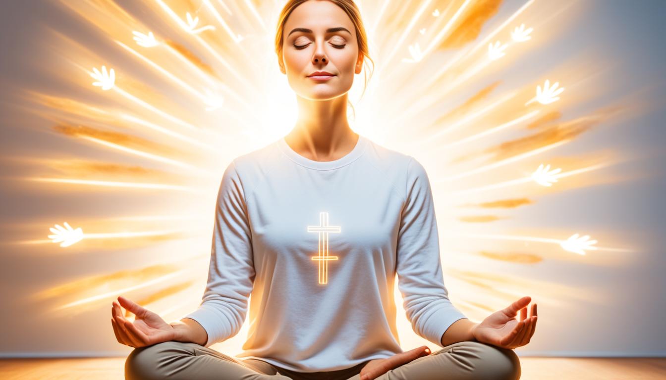 An image of a person sitting cross-legged with their eyes closed. Their hands are resting on their lap, palms facing upward. A beam of golden light shines down upon them, illuminating the area around them. The person has a peaceful expression on their face as they practice gratitude and self-love. In the background, there are images or symbols representing things they are grateful for such as friends, family, nature, or personal achievements. The overall vibe is serene and uplifting to convey the power of manifesting someone back to you through gratitude and self-love.