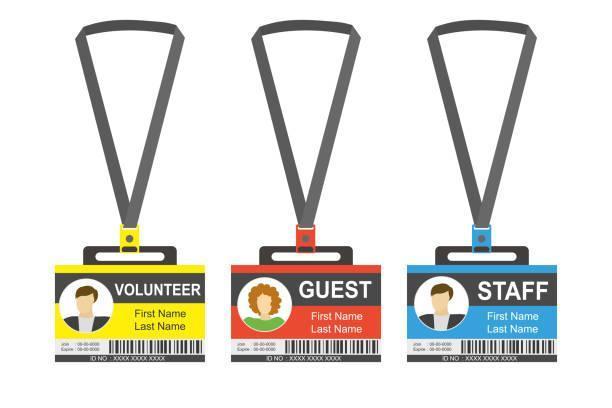 Set ot three Plastic and Laminated Badges or id cards, Set ot three Plastic and Laminated Badges or id cards,flat template,isolated on white background,vector illustration guest plastic badges stock illustrations