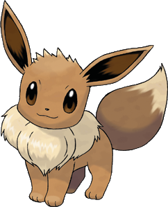 Afbeelding van Eevee: een kleine, vosachtige Pokémon met grote oren, een pluizige kraag en een borstelige staart.