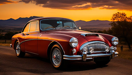 Elegância vintage de um carro cromado à moda antiga, dirigindo pela paisagem rural ao pôr do sol.