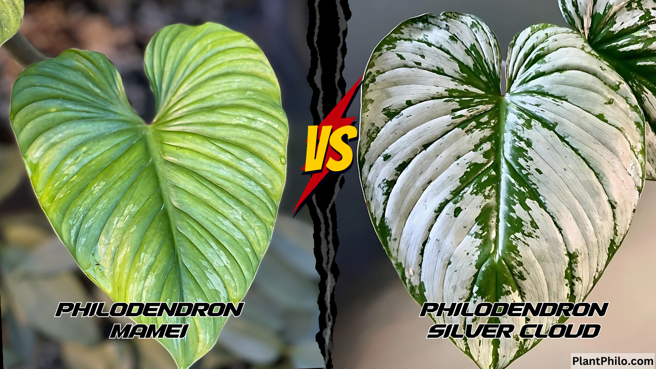 Philodendron Mamei vs. Silver Cloud leaf front side Comparison difference Leaf Shape Color Growth Habit Common Problems and Solutions 