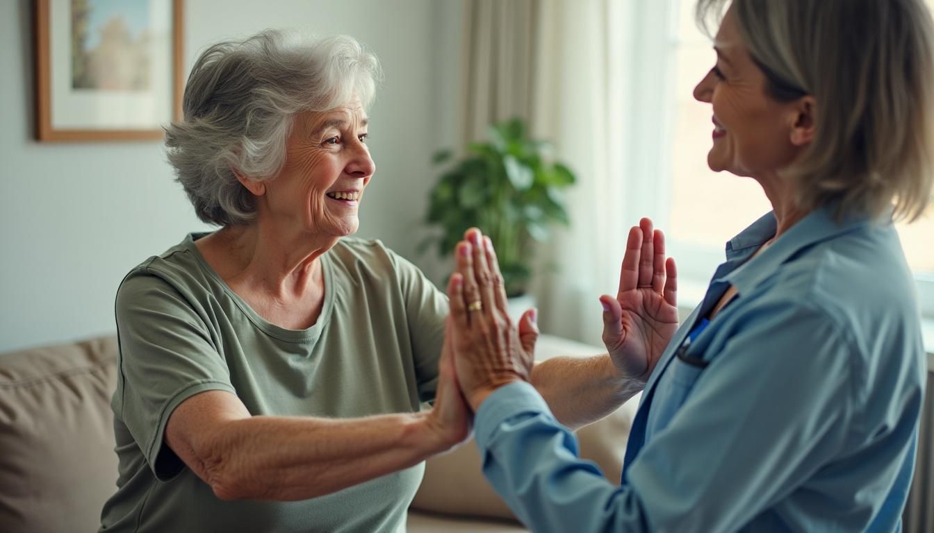 Elderly woman receiving physical therapy in her living room with therapist.