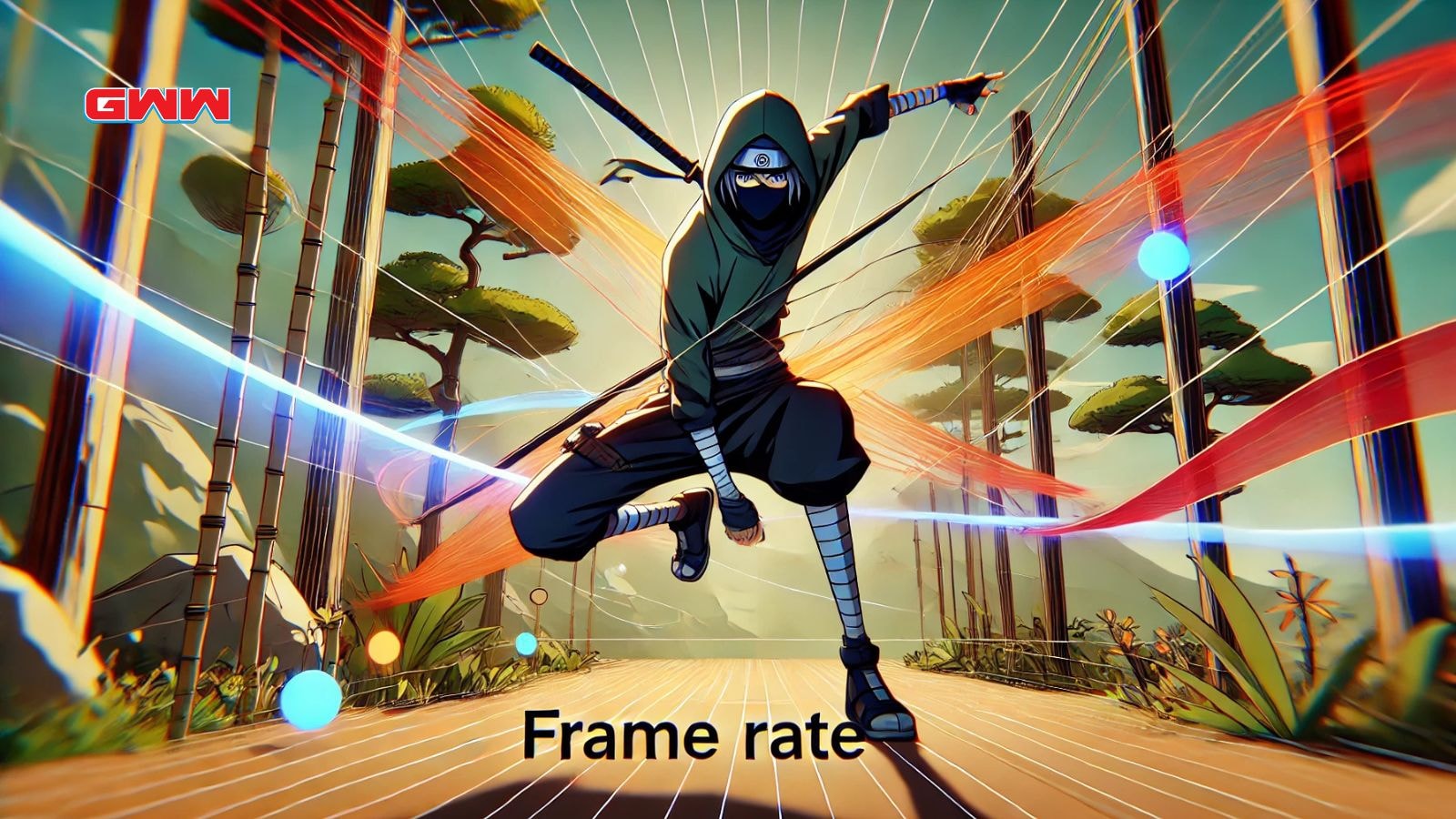 A dynamic anime-inspired scene that emphasizes the concept of frame rate, featuring a ninja character in an action pose.