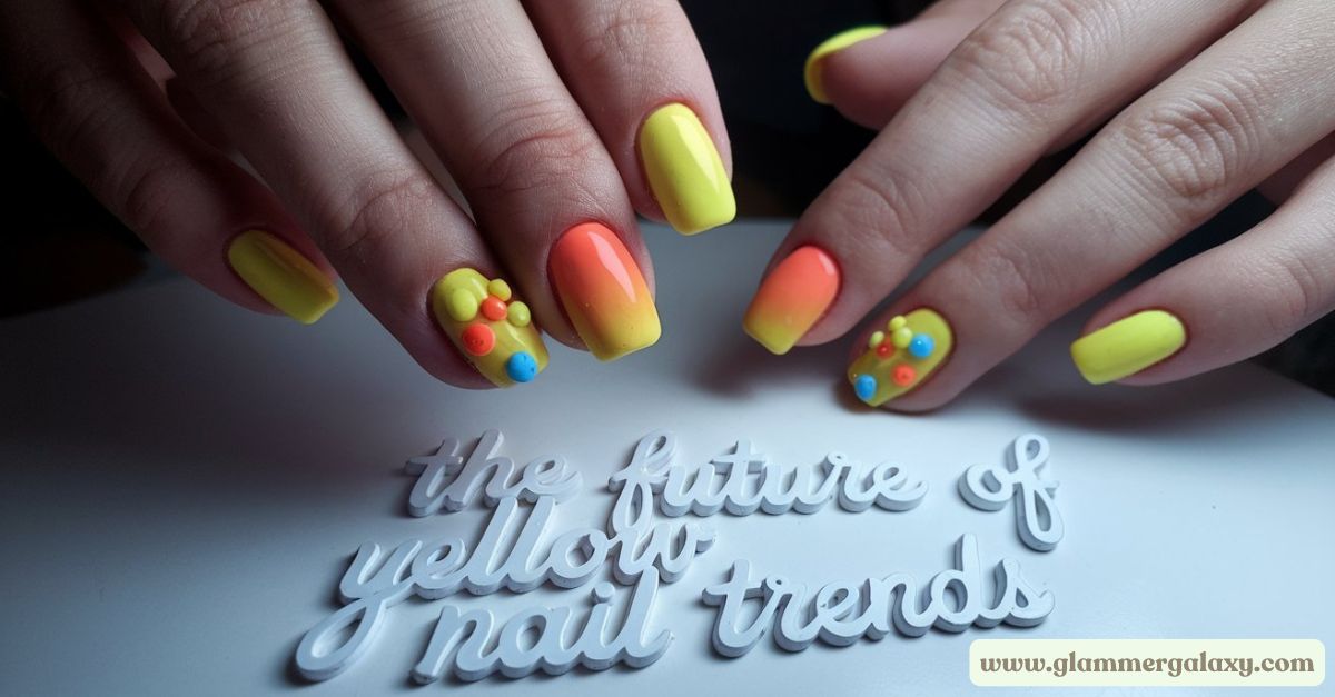 Hands with yellow-themed nail art, including polka dots and stripes