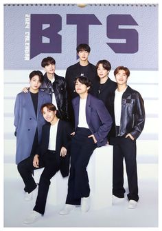 This contain an image of   BTS Members posing for a photo in front of a purple and white background