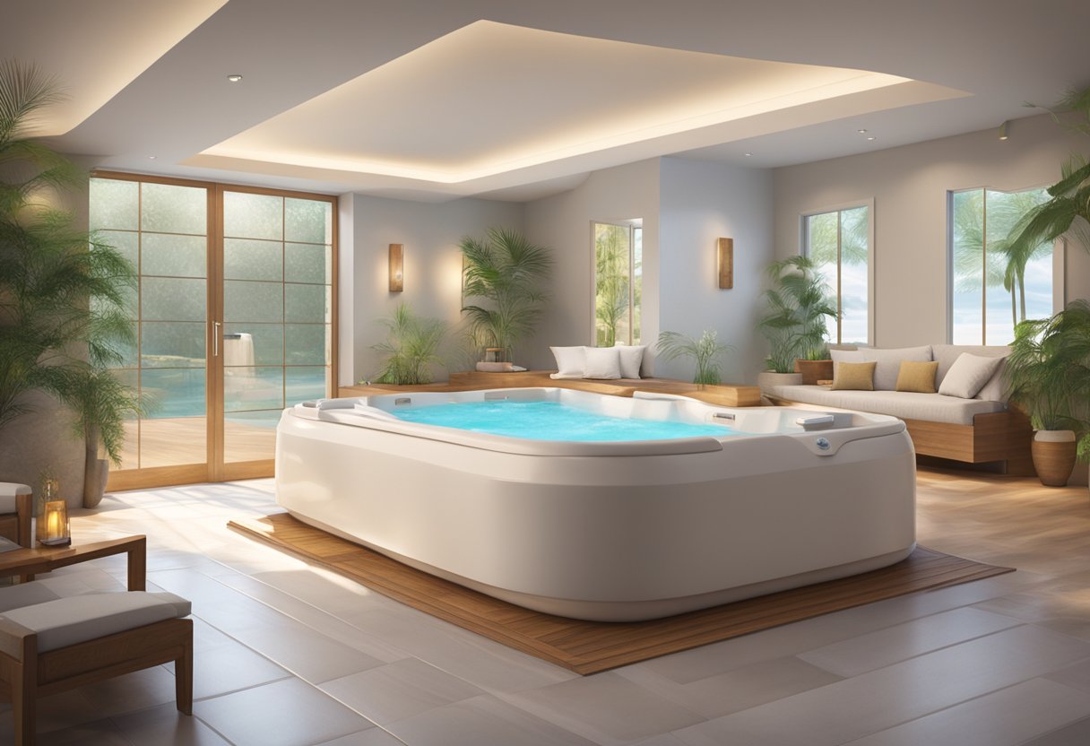 A serene spa room with a large hydrotherapy tub surrounded by calming decor and soft lighting, creating a peaceful atmosphere for clients to experience the benefits of hydrotherapy