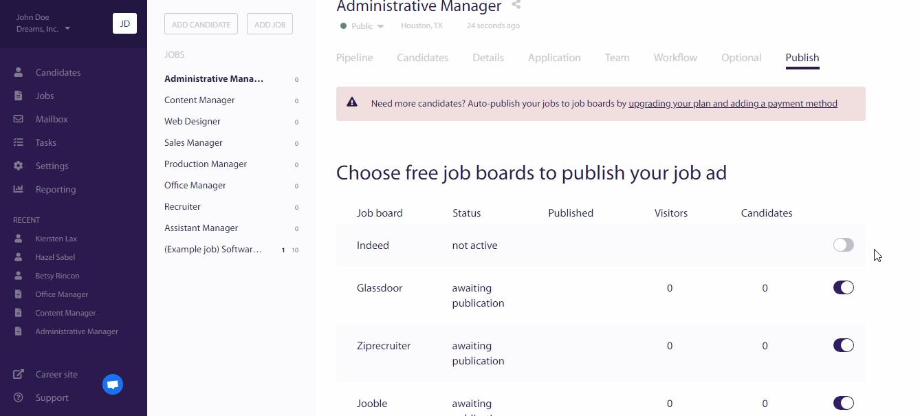 Screenshot of the 100Hires job publishing dashboard, displaying options to post a job ad on free job boards like Indeed, Glassdoor, ZipRecruiter, and Jooble.