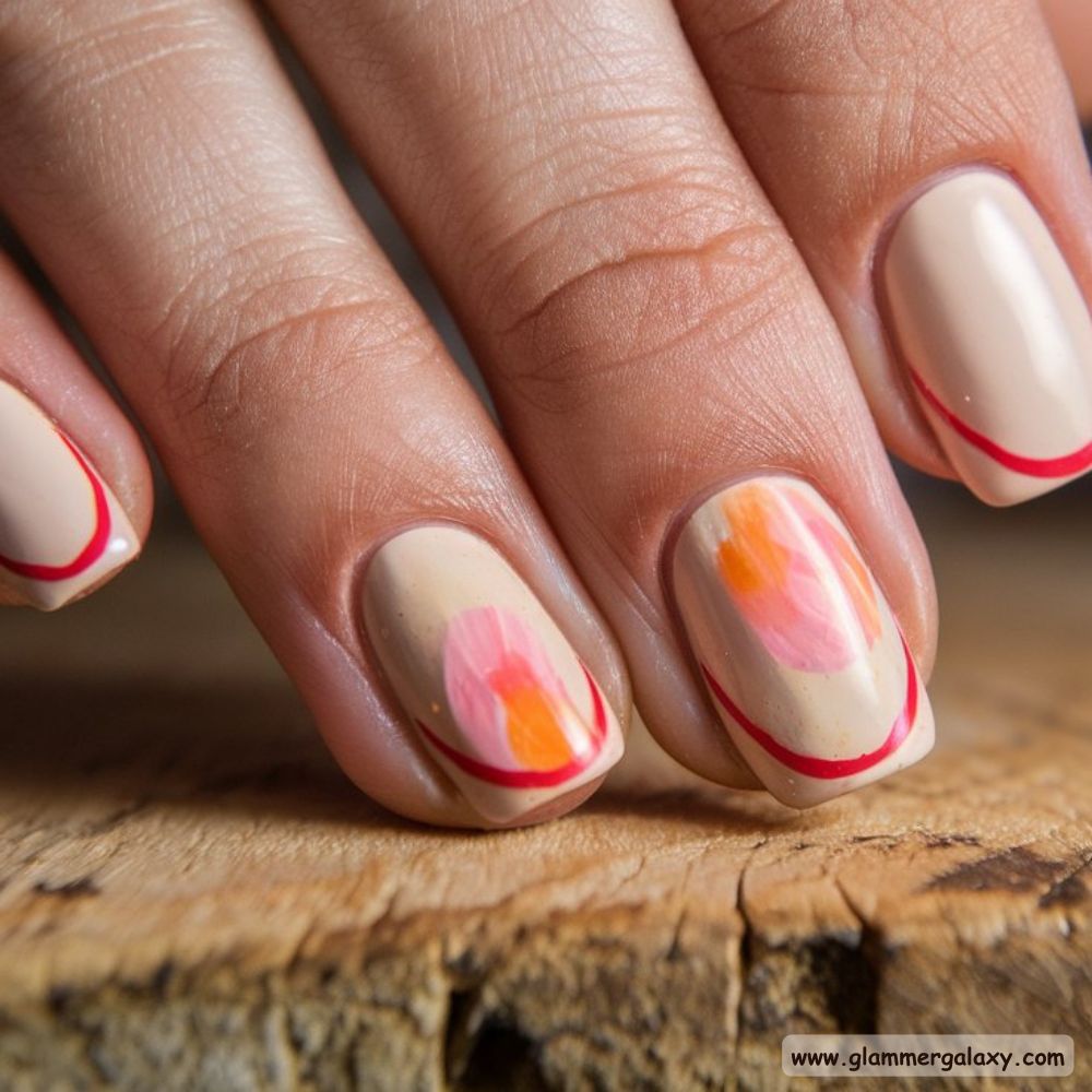 Neutral Fall Nails having Red Outline Accent Nails
