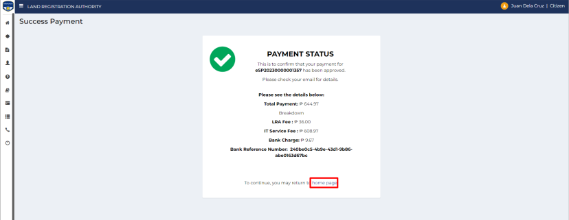 Payment Acknowledgment Receipt notification for online land title verification