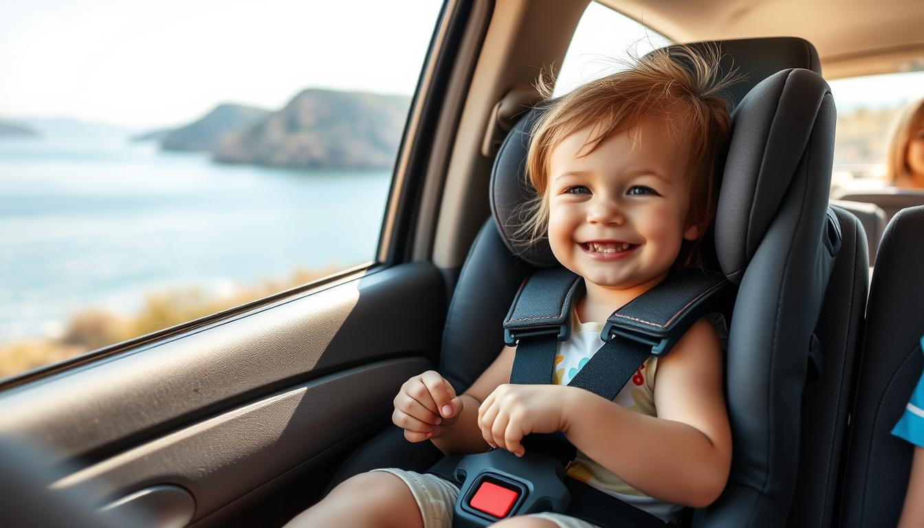 Happy child secured in lightweight car seat during family vacation