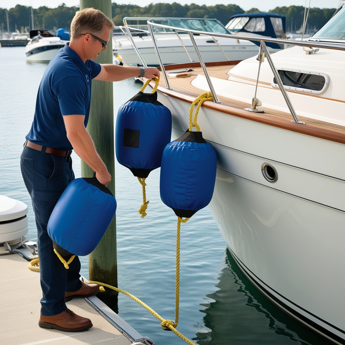 Man securing boat fenders