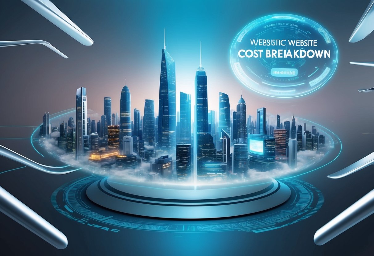 A futuristic city skyline with holographic website cost breakdown floating in the air, surrounded by sleek, modern technology
