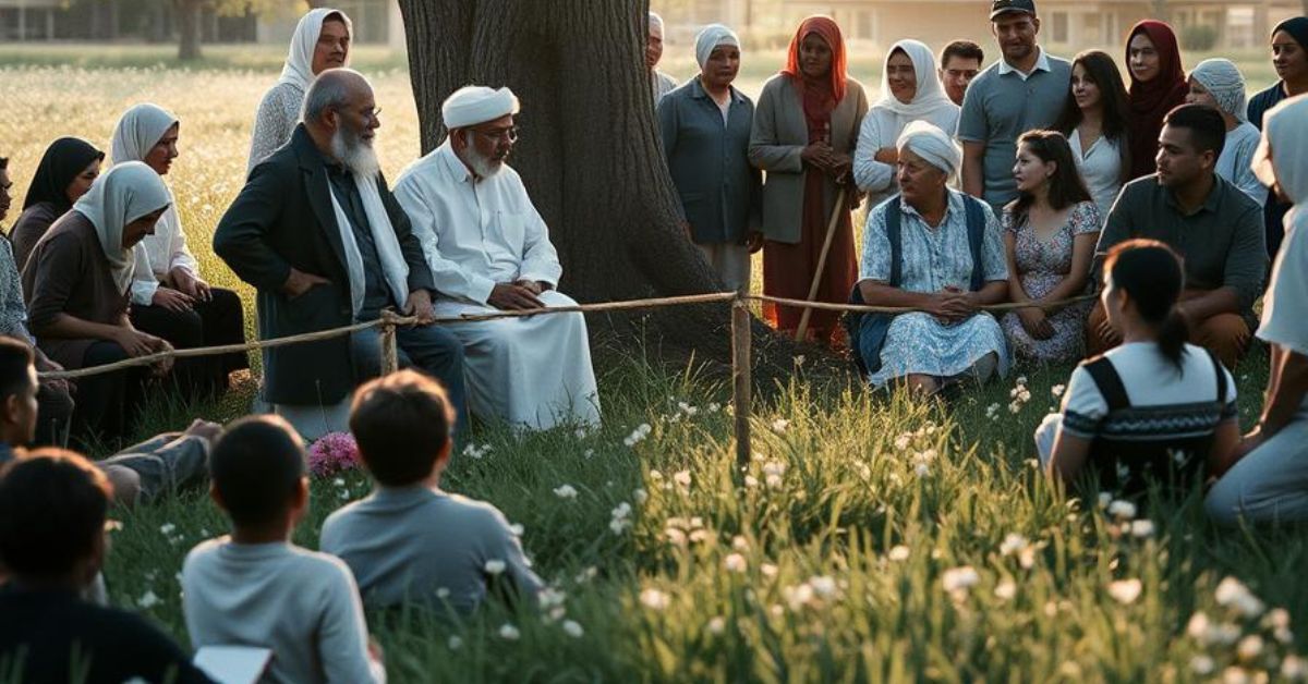 A diverse group of individuals gathered around a tree, embodying the spirit of Gentleness Today in their shared moment.
