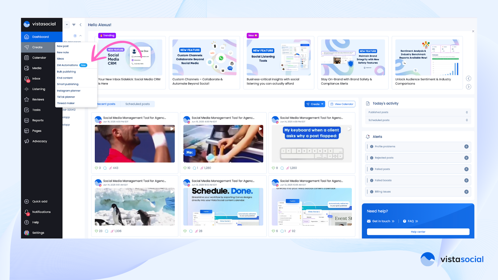 Automate social media DMs and comments on Vista Social's dashboard.