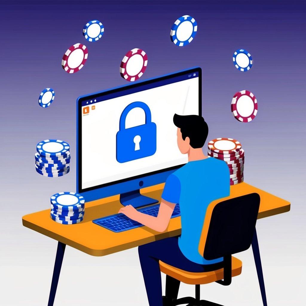 A person sitting at a computer with a padlock symbol on the screen, surrounded by casino chips and a VPN logo