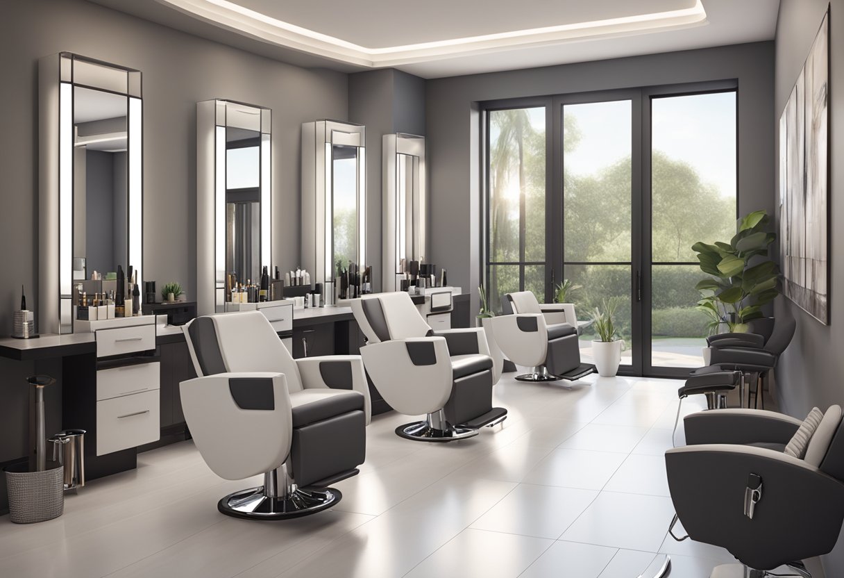 A serene, modern salon setting with a comfortable seating area and a sleek lash extension station, complete with a variety of tools and products