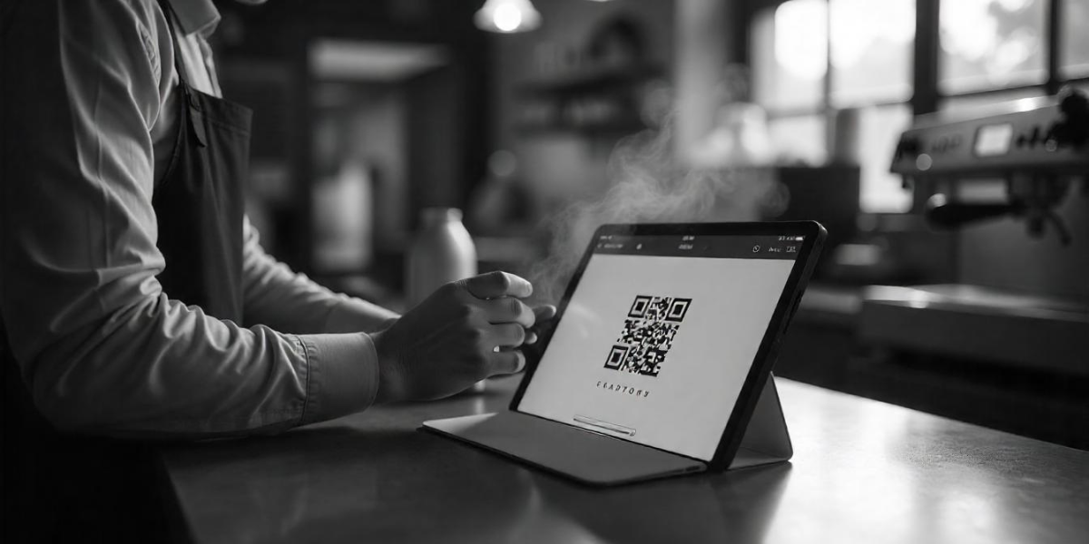 A Venmo QR Code displayed on a tablet screen, in a restaurant.