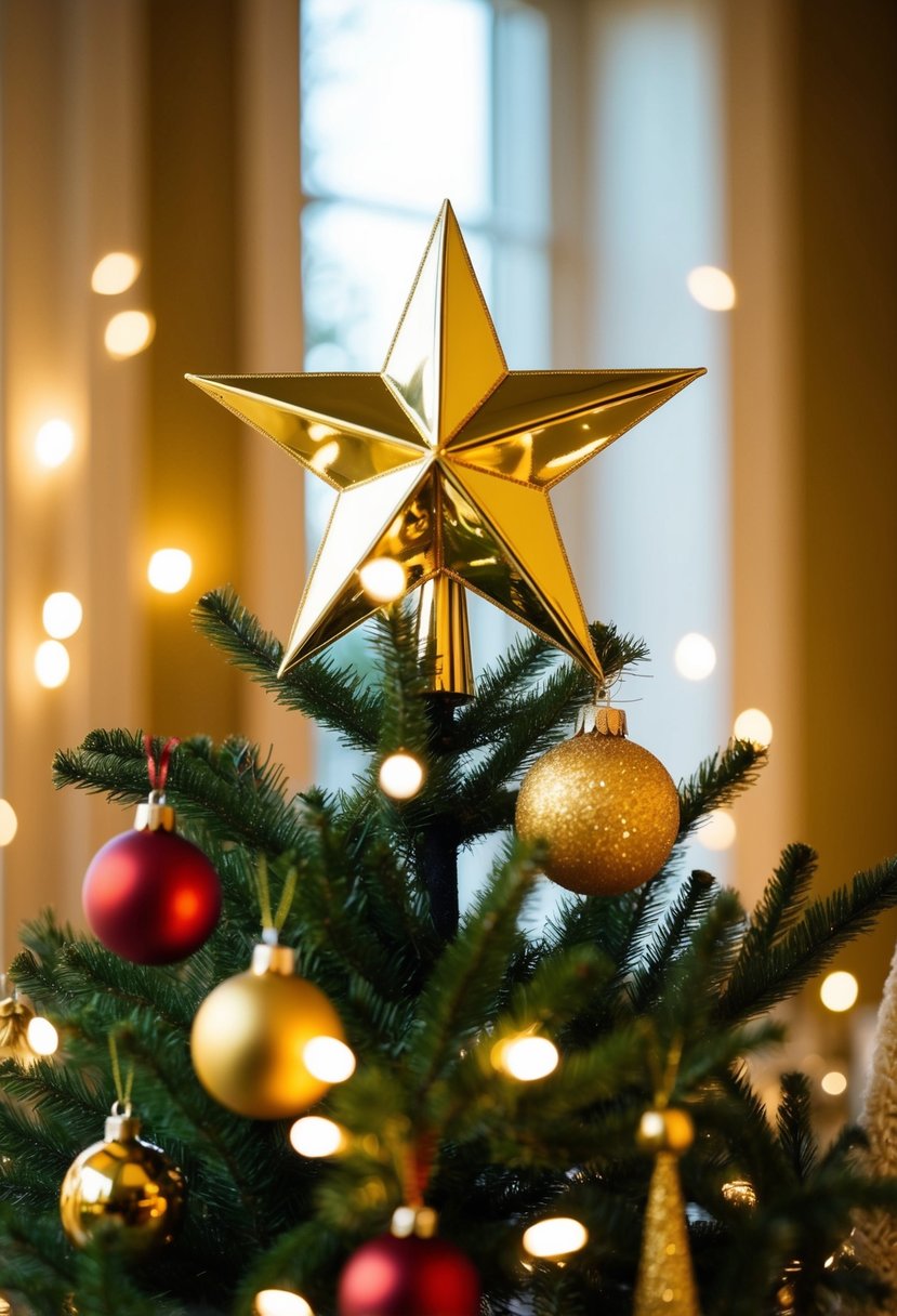 A golden star tree topper shining atop a festive Christmas tree