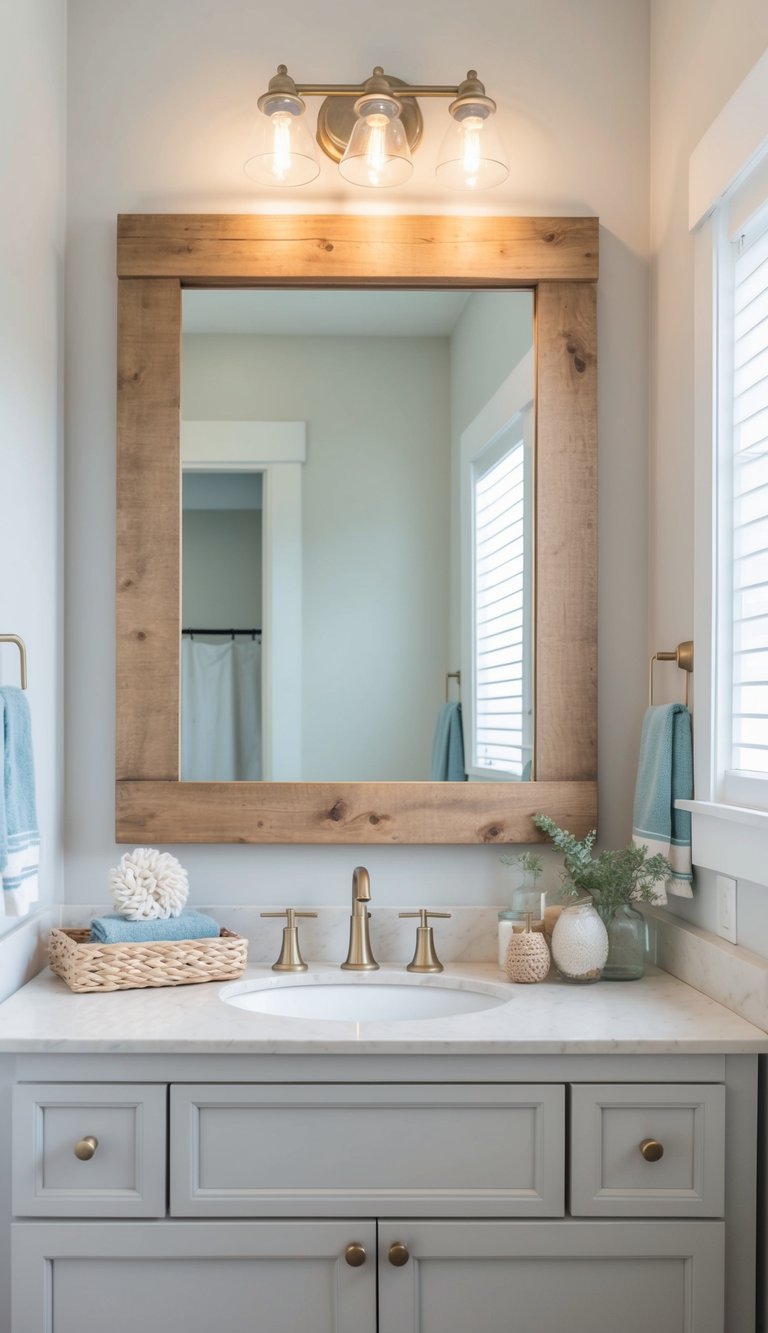 A shiplap-framed mirror hangs above a rustic bathroom vanity, surrounded by coastal decor and natural light