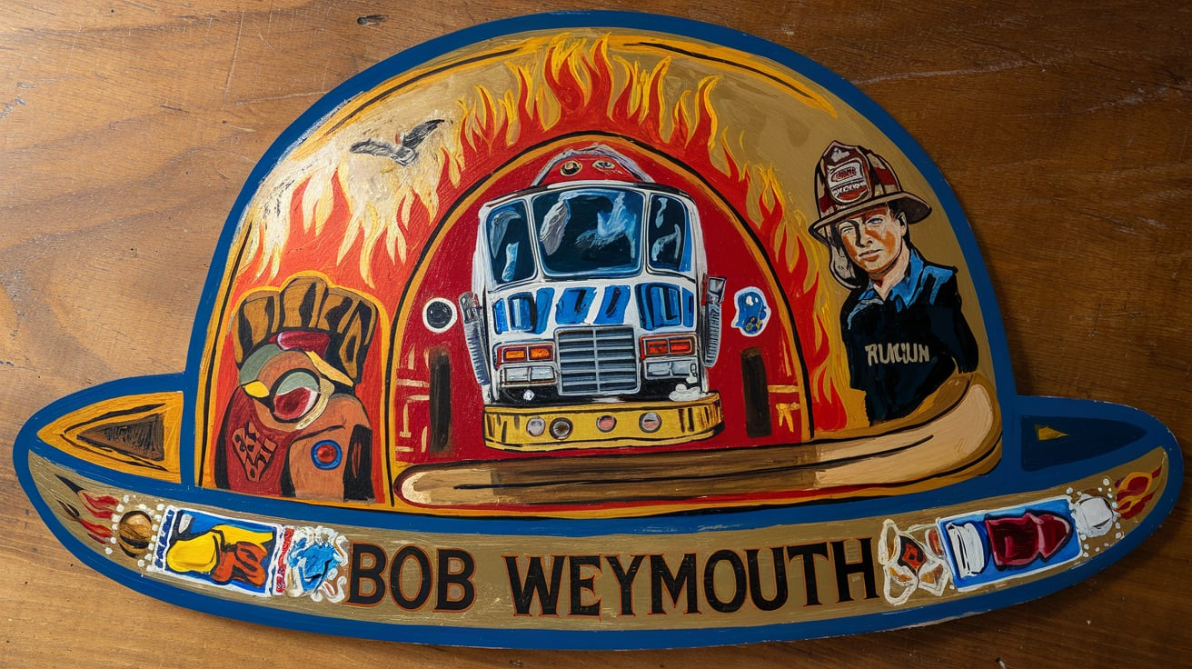 bob weymouth hand painted gold leaf fire helmet shields​

