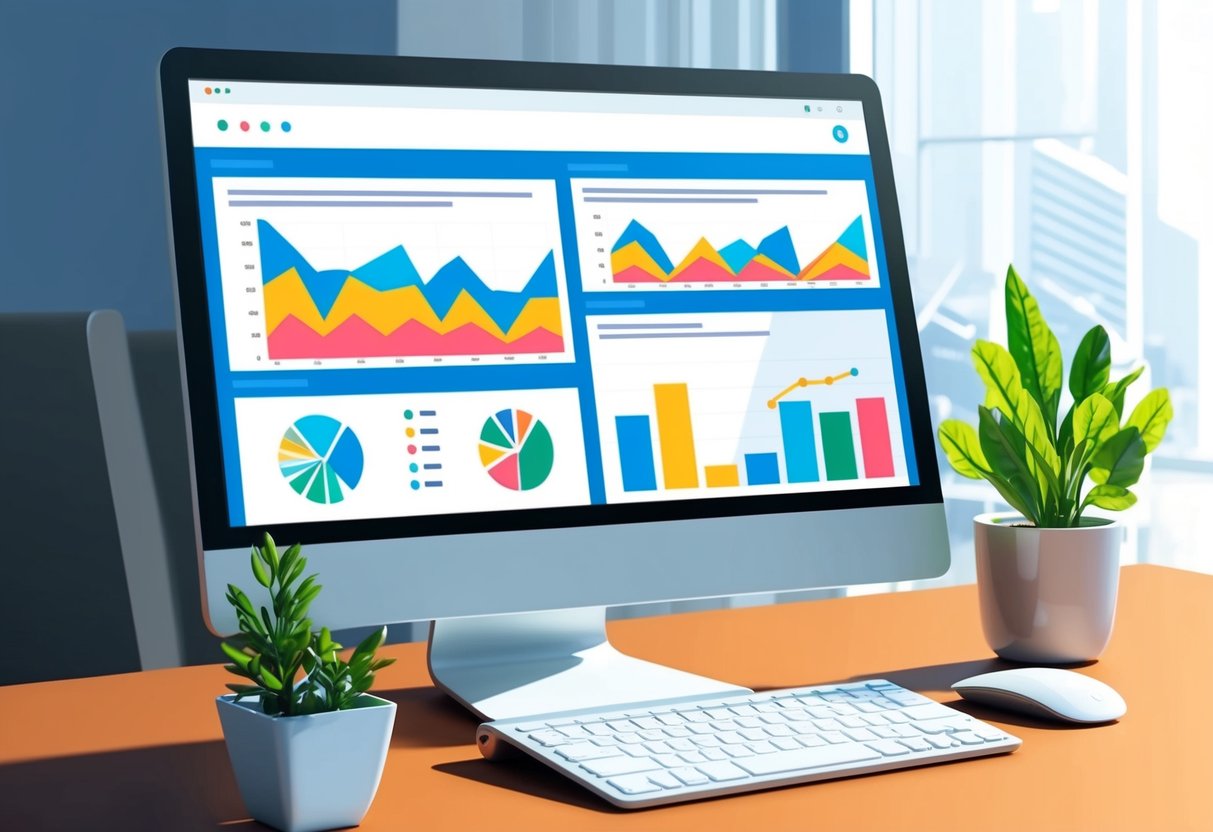 A computer screen displays a dashboard with various graphs and charts showing the performance of targeted PPC campaigns for e-commerce growth in 2025 Zombie Digital