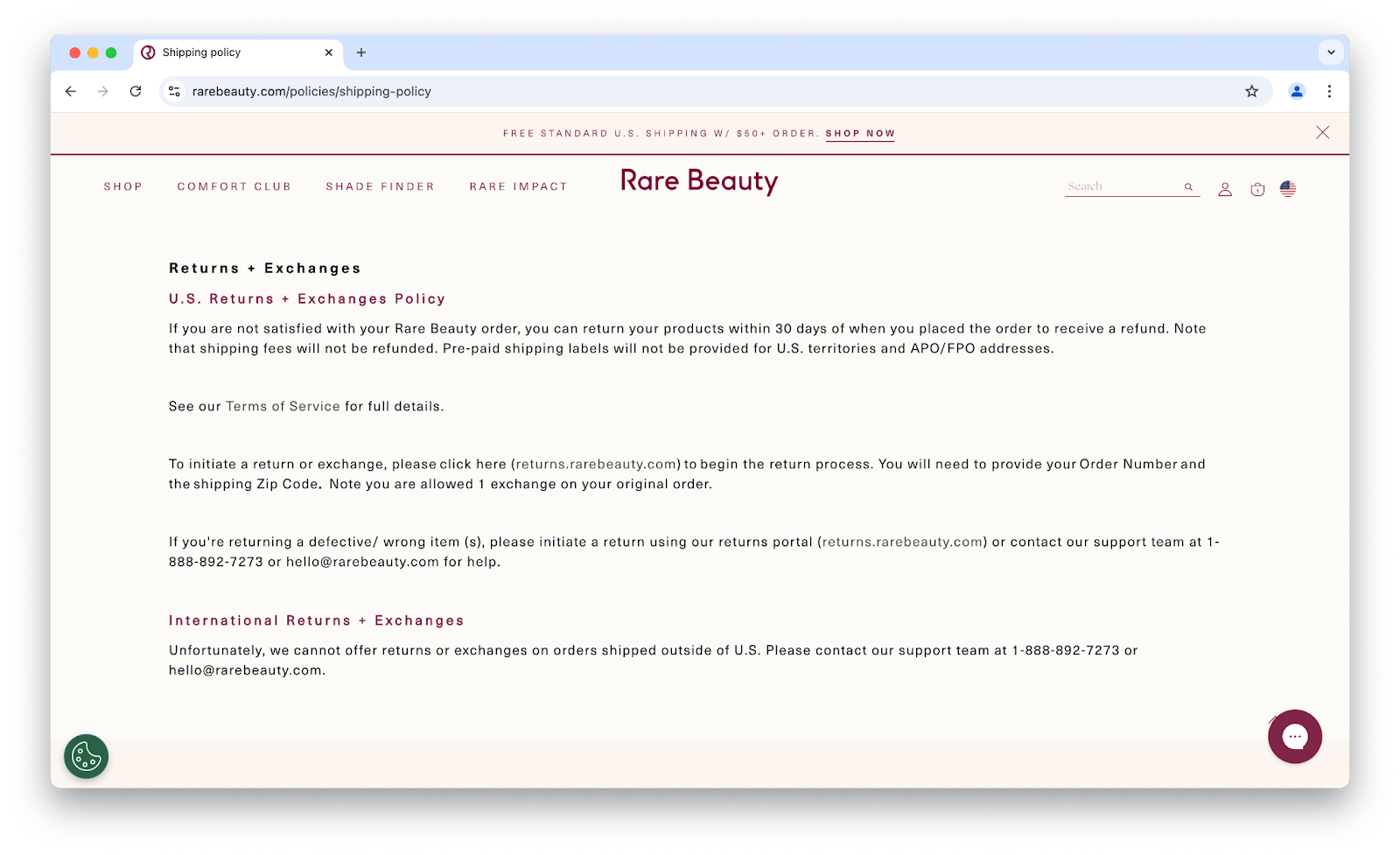 Image of Rare Beauty's return and exchange page.