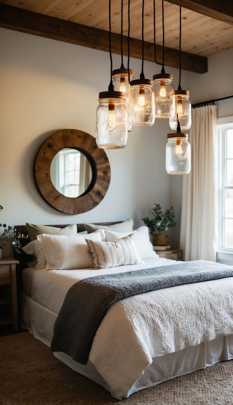 A cozy bedroom with mason jar pendant lights hanging from the ceiling, creating a rustic and vintage farmhouse atmosphere