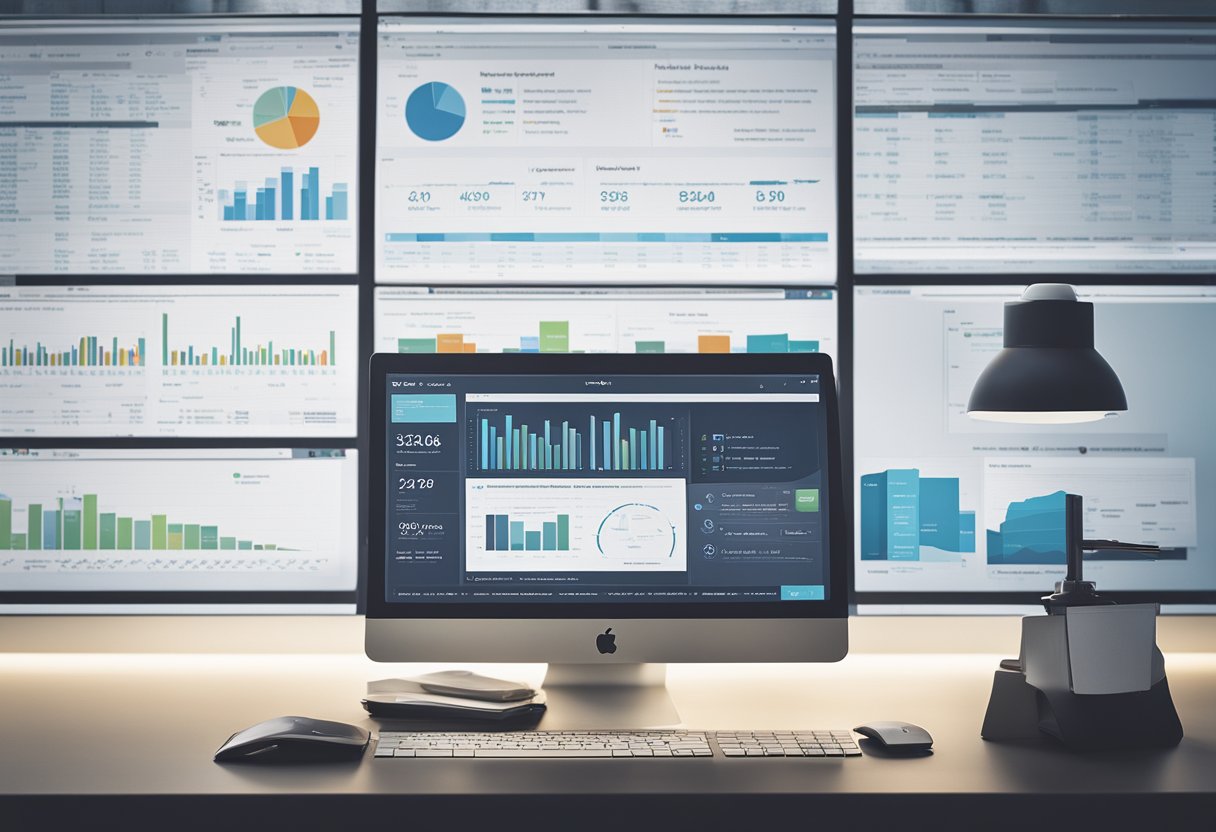 A computer screen with multiple open tabs showing various websites, a whiteboard with a detailed link building strategy, and a stack of papers with data and analytics charts