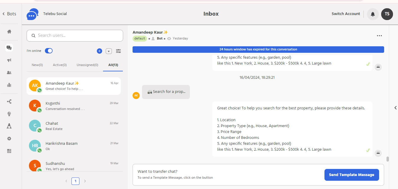 TelebuSocial's dashboard showing inbox messages between a customer and an sales agent.