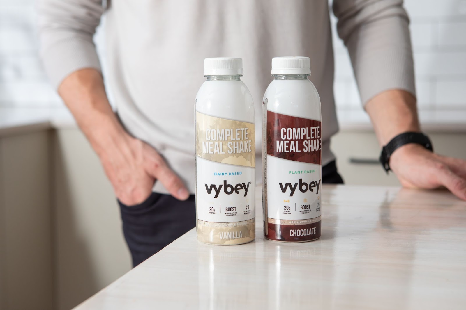 A close-up of the various vybey flavours with the product packaging.