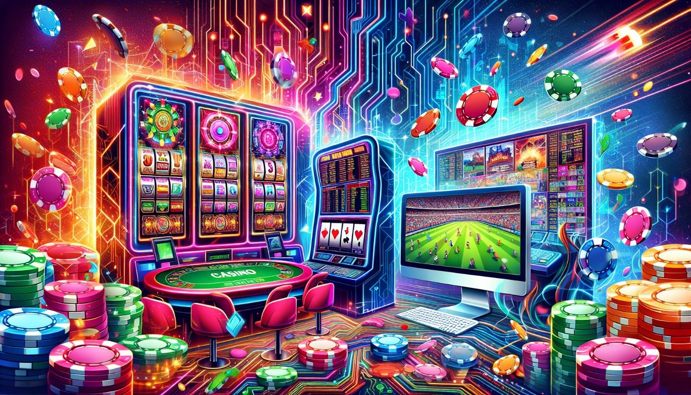 An illustration depicting the rise of online gambling in Australia, showcasing various online casino games.