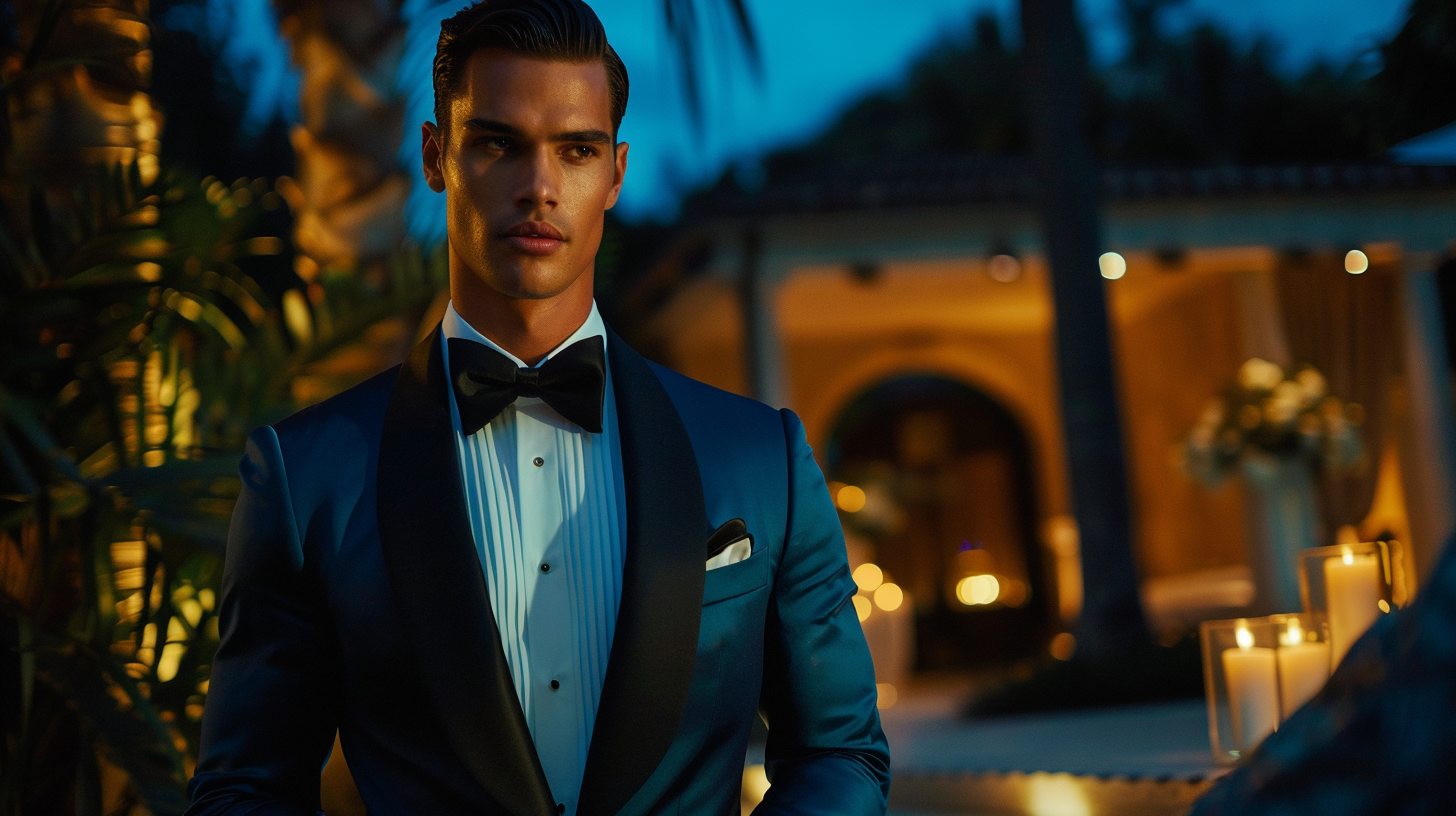 A man in a midnight blue tuxedo, subtle satin lapel shine under evening lights, classic black tie look with a twist, moody elegant setting.
