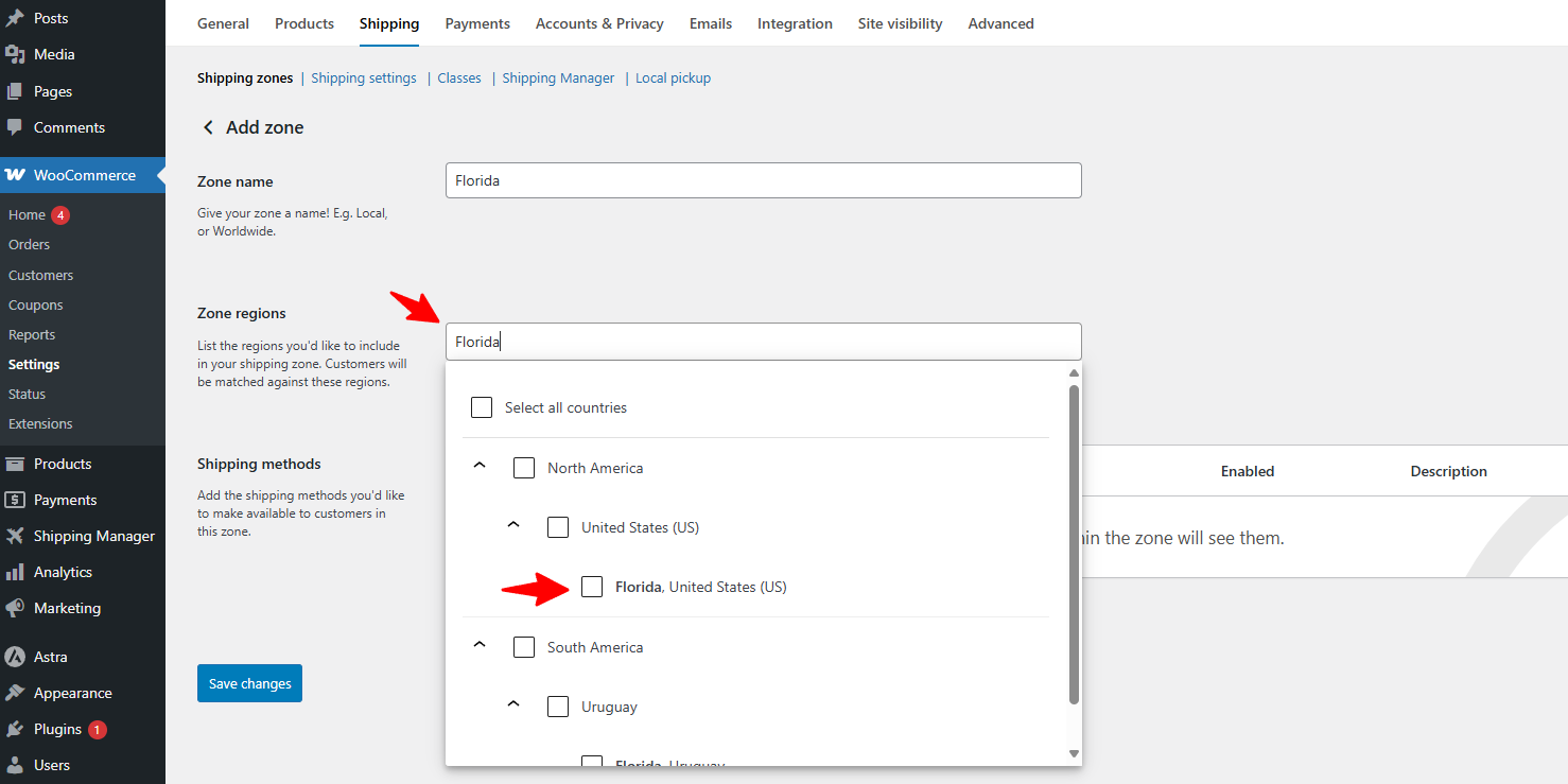 Setting up zone region in WooCommerce 