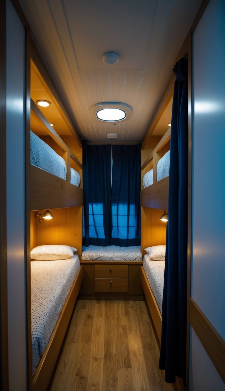 A cozy ship cabin bunk room with nautical decor and built-in bunks for 31 people, each with their own reading light and privacy curtain