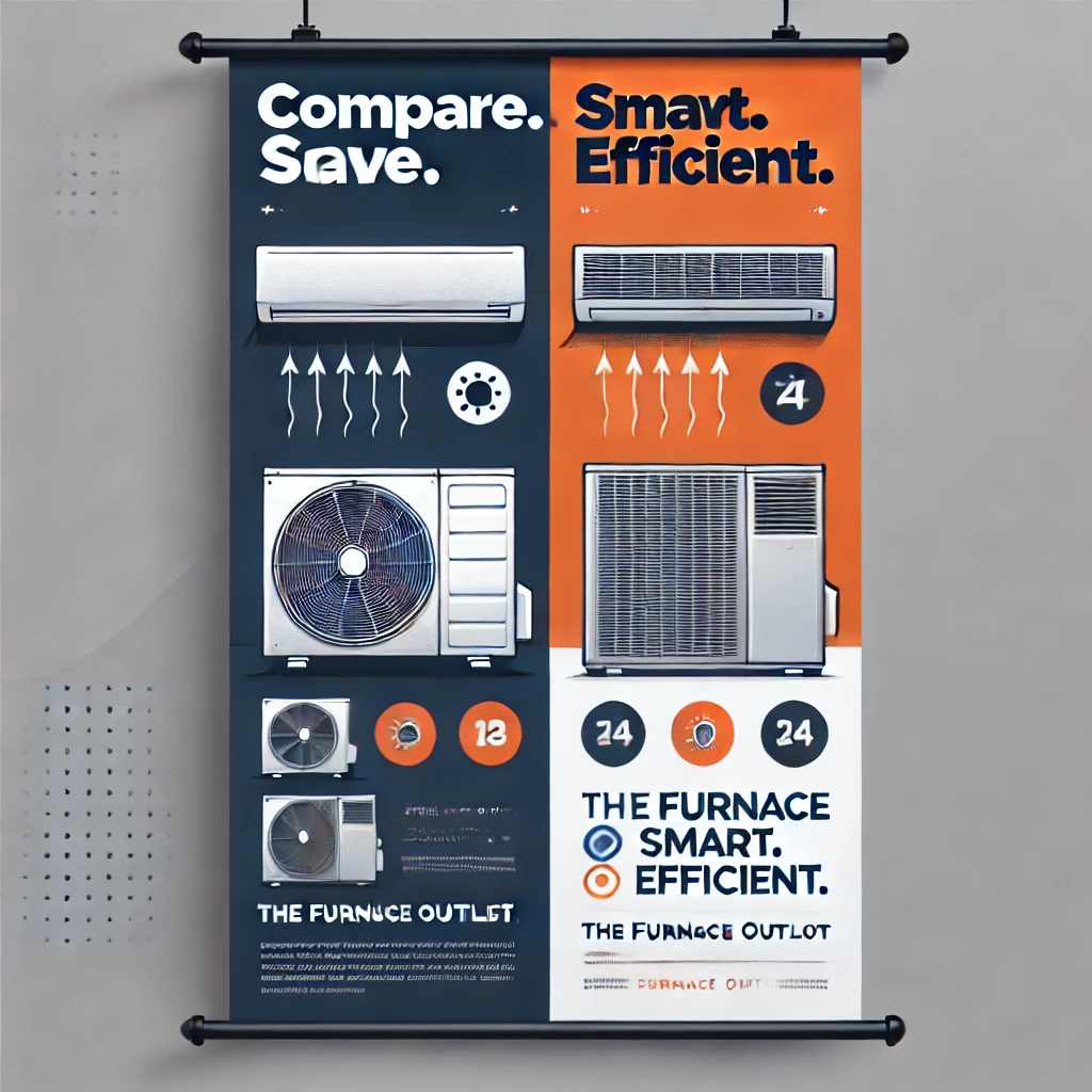 HVAC-themed banner with a modern graphic comparing window and wall AC units, featuring brand colors and text “Compare. Save. Cool. Smart. Efficient.” with The Furnace Outlet logo.