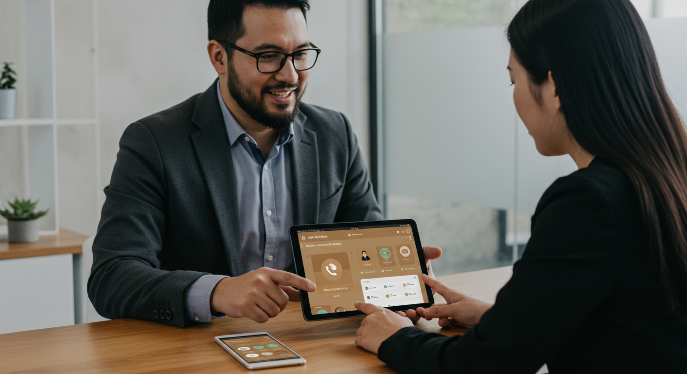 Business owner showcasing custom-branded communication tools from a white-label VoIP provider.